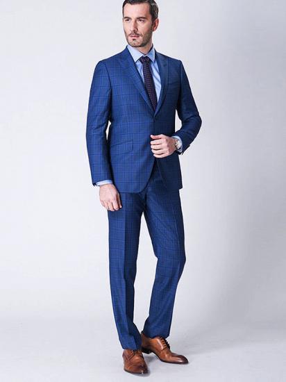 Peak Lapel Plaid Two Buttons Blue Luxury Mens Suits_2