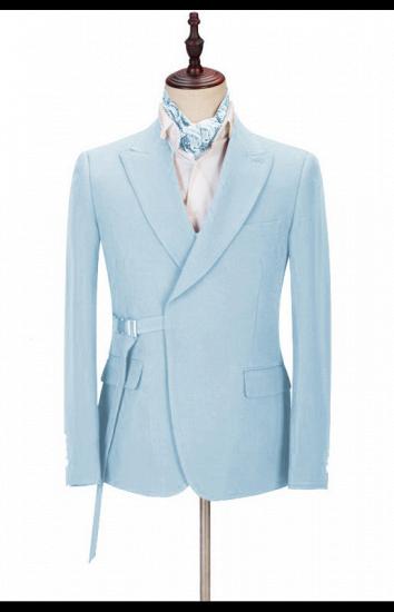 Justin Bespoke Sky Blue Peaked Lapel Men Suits with Adjustable Buckle_1