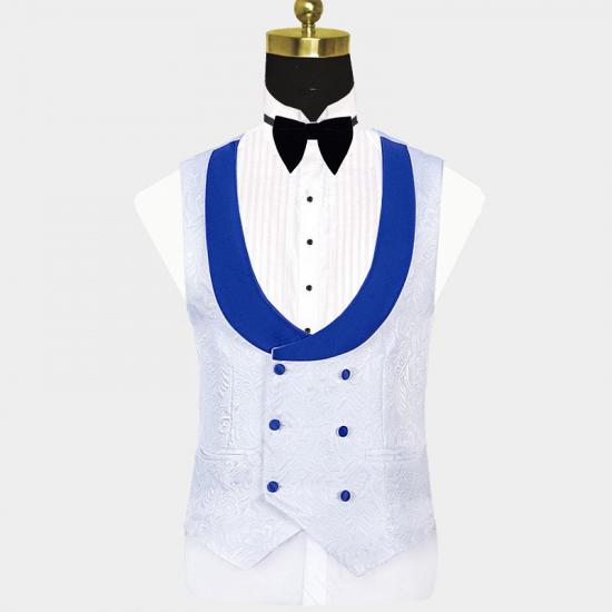White Jacquard Tuxedo with Blue Shawl Lapel | Three Pieces Suits Sale_4