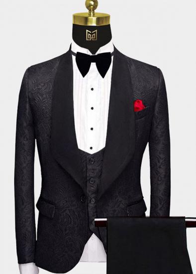 Three Piece Black Wedding Tuxedo | Shawl Lapel Cheap Jacquard Mens Suits for Wedding with Vest