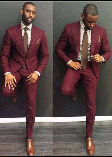 Simple Burgundy Slim Fit Peaked Lapel Mens Suit with 2-Piece_1