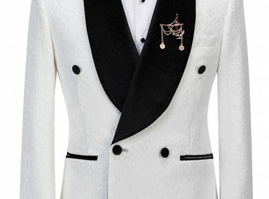 Jesus Chic Sparkle Shawl Lapel Jacquard Double Breasted White Wedding Suits_1