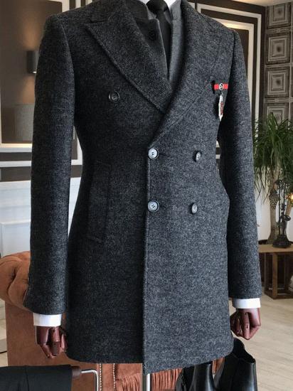 Jacob All Black Double Breasted Slim Fit Tailored Wool Coat For Business