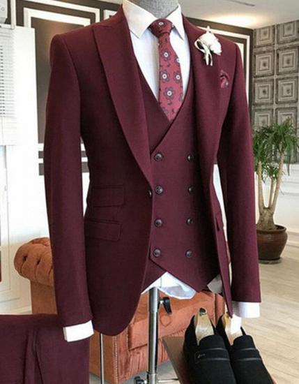 Maverick Burgundy Peaked Lapel Three Pieces Men's Suit_1