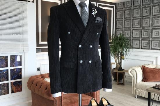 Formal All Black Peaked Lapel Double Breasted Velvet Business Men Suits_2