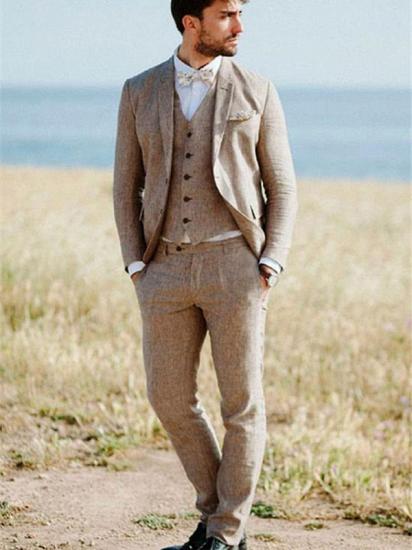 Khaki Linen Summer Beach Mens Classic Suits | 2020 Groom Wedding Tuxedos with 3 Pieces_2