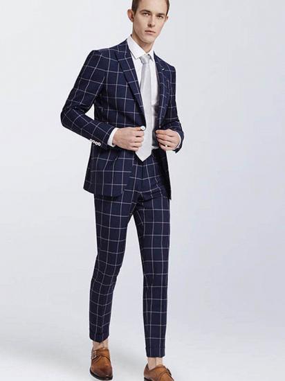 Modern Peak Lapel Plaid Leisure Suits | Dark Navy Mens Suits for Prom_1