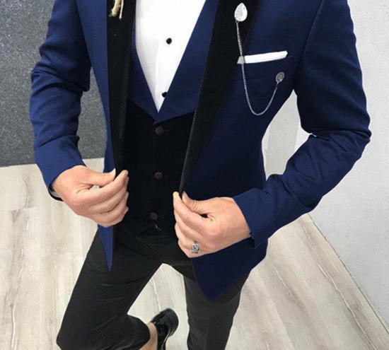 3 Piece Black-and-blue Peak Lapel Wedding Suits Tuxedos with Waistcoat_1