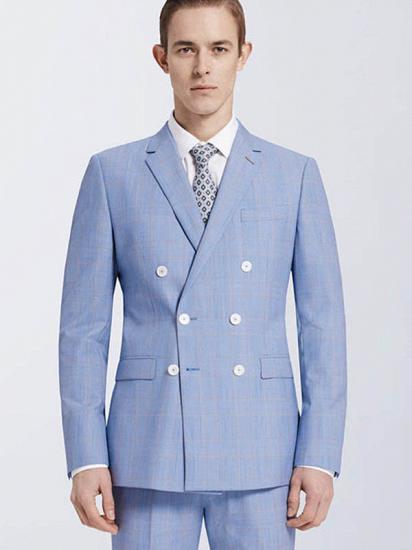 Light Blue Plaid Mens Leisure Suits | Double Breasted Suits for Men with Notch Lapel_2