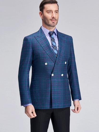 Formal Peak Lapel Plaid Double Breasted Blue Mens Blazer Jacket for Business_3