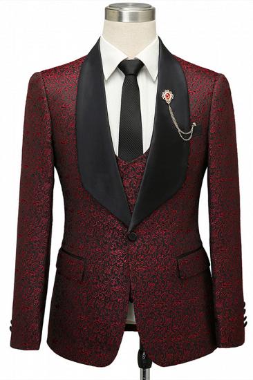 Cesar Burgundy One Button Shawl Lapel Jacquard Wedding Groom Suits_1