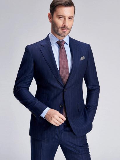 Elegant Light Grey Stripes Flap Pockets Navy Blue Mens Suits for Formal_7