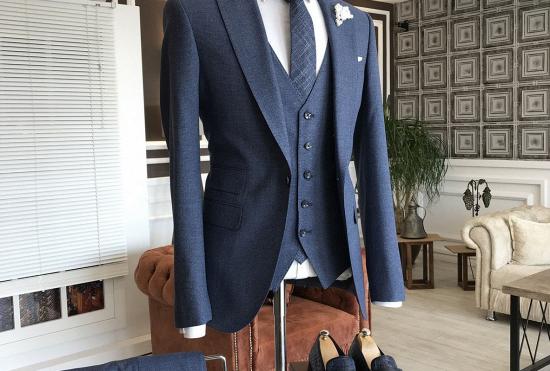 Richard Gentle Navy Blue Peaked Lapel One Button Slim Fit Business Men Suits_2