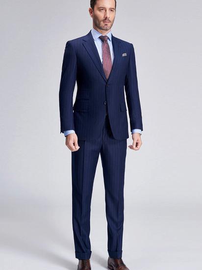 Elegant Light Grey Stripes Flap Pockets Navy Blue Mens Suits for Formal_2