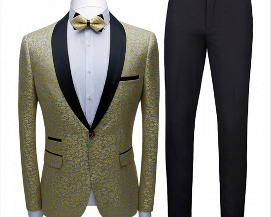 Chic Black Satin Shawl Lapel Prom Suits | Gold Jacquard Men's Wedding Tuxedos - Terence_3