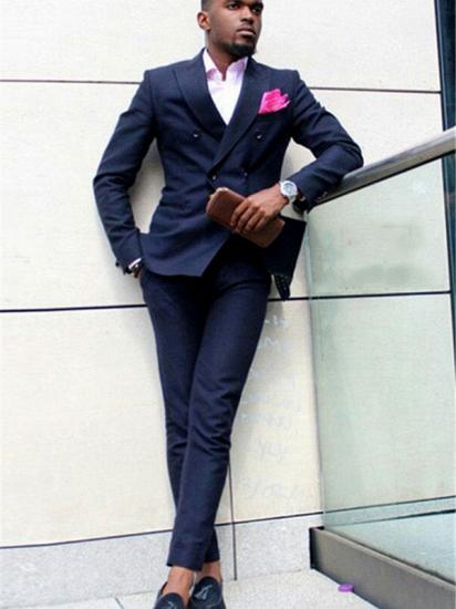 Dark Blue Double Breasted Peaked Lapel Slim Fit Formal Mens Suit_1