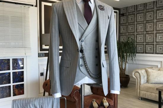 Lucien Newest Gray 3-pieces Striped Peaked Lapel Men Suits For Business_2