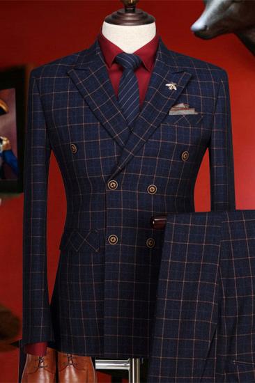 Terry Dark Blue Plaid Peaked Lapel Double Breasted Prom Suits_1