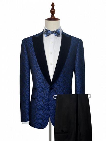 Blue Floral Patter Tuxedos for Wedding | Black Velvet Peak Collar Prom Suits_1