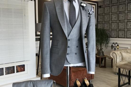 Joyce Trendy Gray Small Plaid Peaked Lapel 3 Flaps Bespoke Business Suits For Men_2