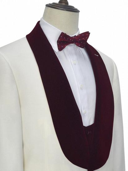 Velvet Shawl Collar White Wedding Tuxedos | Three Piece Wedding Suits with Burgundy Vest_6