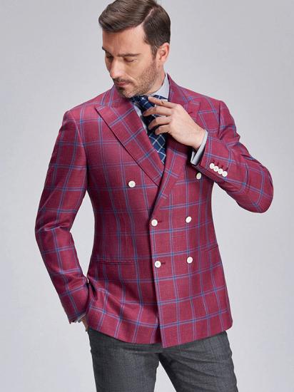 Gentlemanly Blue Plaid Peak Lapel Double Breasted Blazer Jacket for Men_3