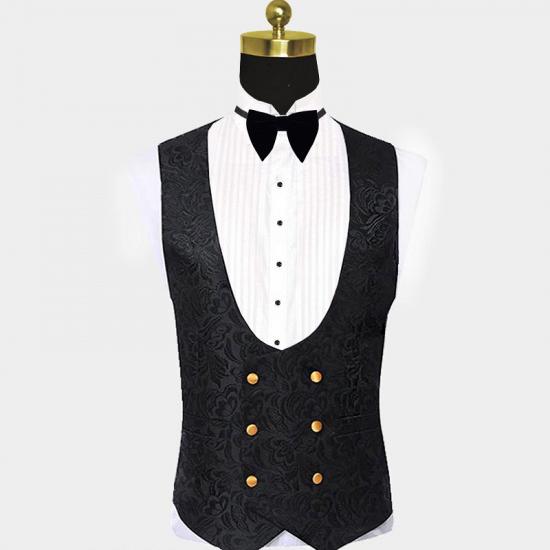 Black Jacquard Tuxedo with Gold Shawl Lapel | Three Pieces Men Suits_3