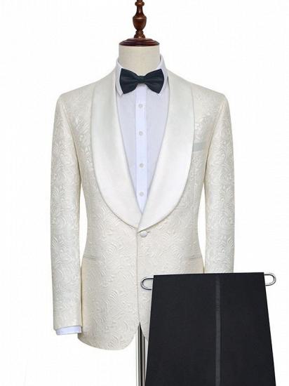 Popular Jacquard White Tuxedos for Wedding | Silk Shawl Lapel One Button Wedding Suit for Men_2