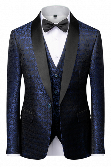 Popular Dark Navy Blue Men's Wedding Tuxedos | Black Satin Lapel Jacquard Prom Suits