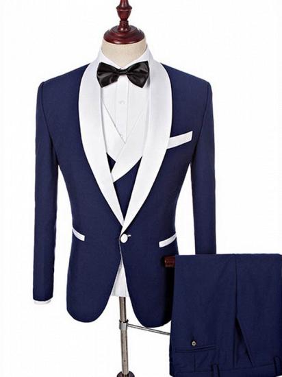 Navy Blue Groomsmen White Shawl Lapel | One Button Wedding Tuxedos 3 Pieces_3