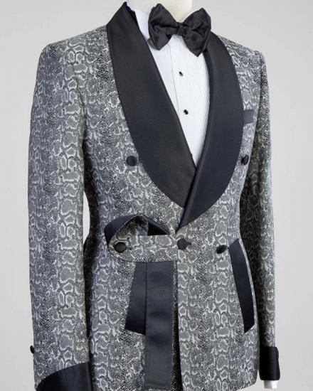 Khalil Gray Double Breasted Jacquard Wedding Men Suits with Black Lapel_2