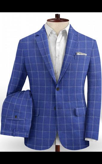 Ocean Blue Grid Linen Men Suits | Notch Lapel Slim Fit Tuxedo_2