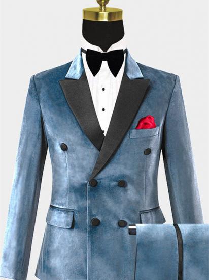 Steel Blue Velvet Tuxedo with 2 Pieces | Double Breasted Prom Suits for Men Online