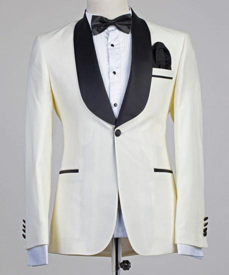 Moses Ivory One Button Simple Slim Fit Wedding Suits with Black Lapel_1