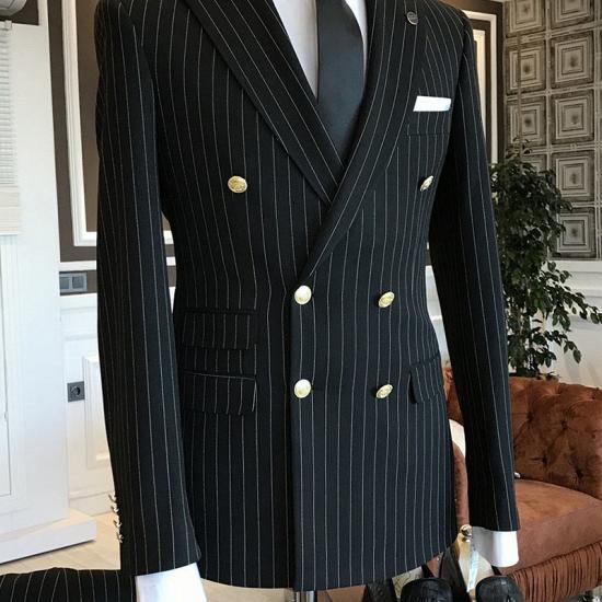 Tab Trendy Black Striped Peaked Lapel Double Breasted Business Suits For Men