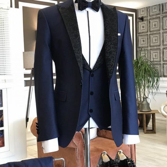 Modern Navy Blue 3-Pieces Black Jacquard Peaked Lapel Business Suits For Men