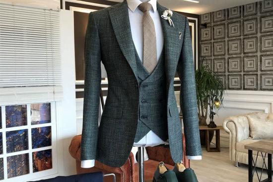 Formal Dana Black Plaid 3-Pieces Peaked Lapel Slim Fit Tailored Business Suits For Men_2