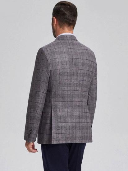 Elegant Grey Plaid Double Breasted Blazer Jacket for Men with Flap Pockets_3