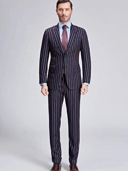 Modern Stripes Dark Navy Mens Suits | Peak Lapel Three Flap Pockets Suits for Men