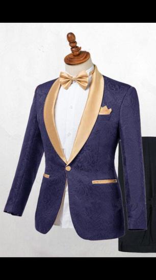 Colton Dark Blue Jacquard Shawl Lapel Wedding Suits_1