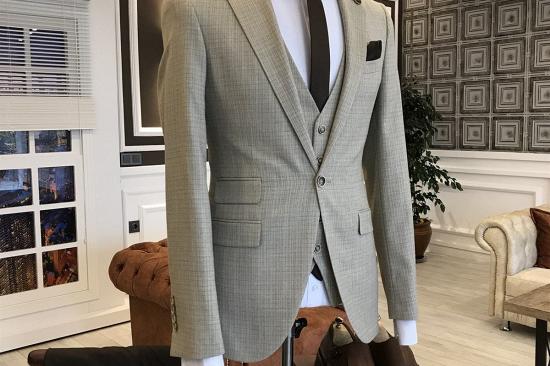 New Arrival Light Brown Small Plaid Notched Lapel Slim Fit Tailored Business Suits For Men_2