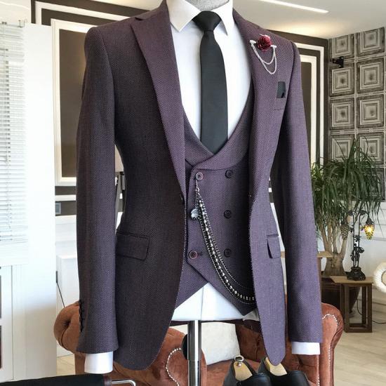 Milo Dark Purple Peaked Lapel Double Breasted Waistcoat Business Suits For Men_1