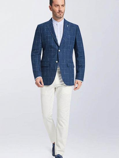 Casual Peak Lapel Navy Blue Plaid Suit Jacket | Pure Linen New Blazers_3