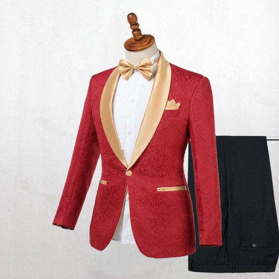Cooper Red Jacquard One Button Wedding Men Suits with Gold Lapel_2