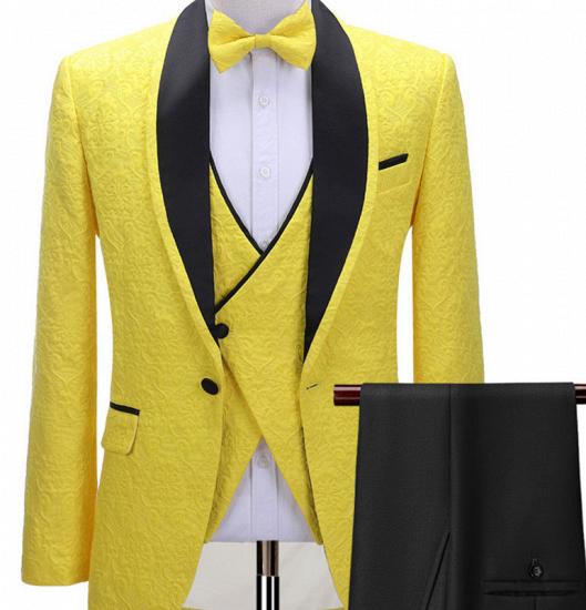 Alejandro Handsome Yellow One Button Three-Piece Wedding Suit with Black Lapel_1