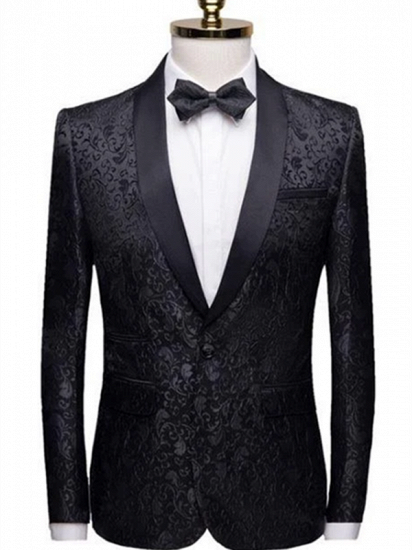 Black Jacquard Shawl Lapel Men Suits | Unique Slim Fit Two-Pieces Wedding Groom Tuexdos