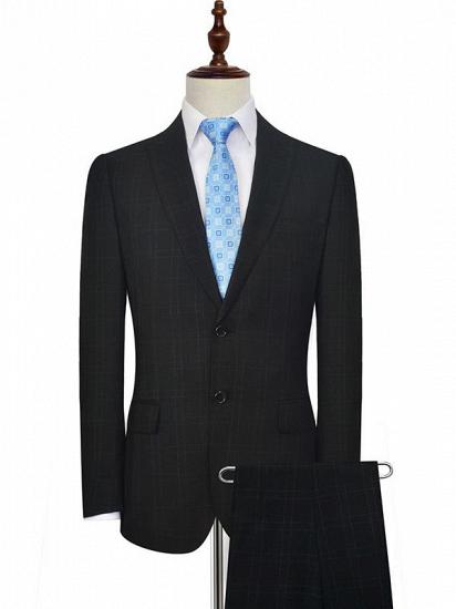 Classic Peak Lapel Plaid Two Button Black Mens Suits for Business_1