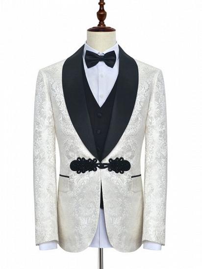 Stylish Knitted Button Black Shawl Lapel Three Piece White Jacquard Wedding Tuxedo for Men_1