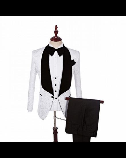 Dillon White Three Pieces Fashion Jacquard Shawl Lapel Wedding Suits_4