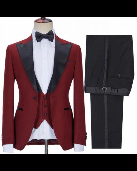 Stylish Red Three Pieces Best Fitted Peaked Lapel Prom Suits_3